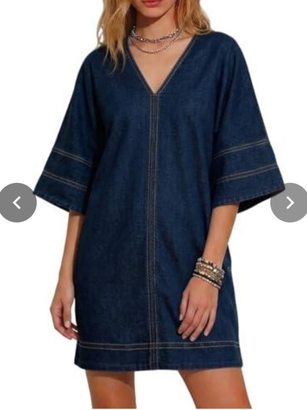 Denim V-Neck Shift Mini Dress in Dark Blue